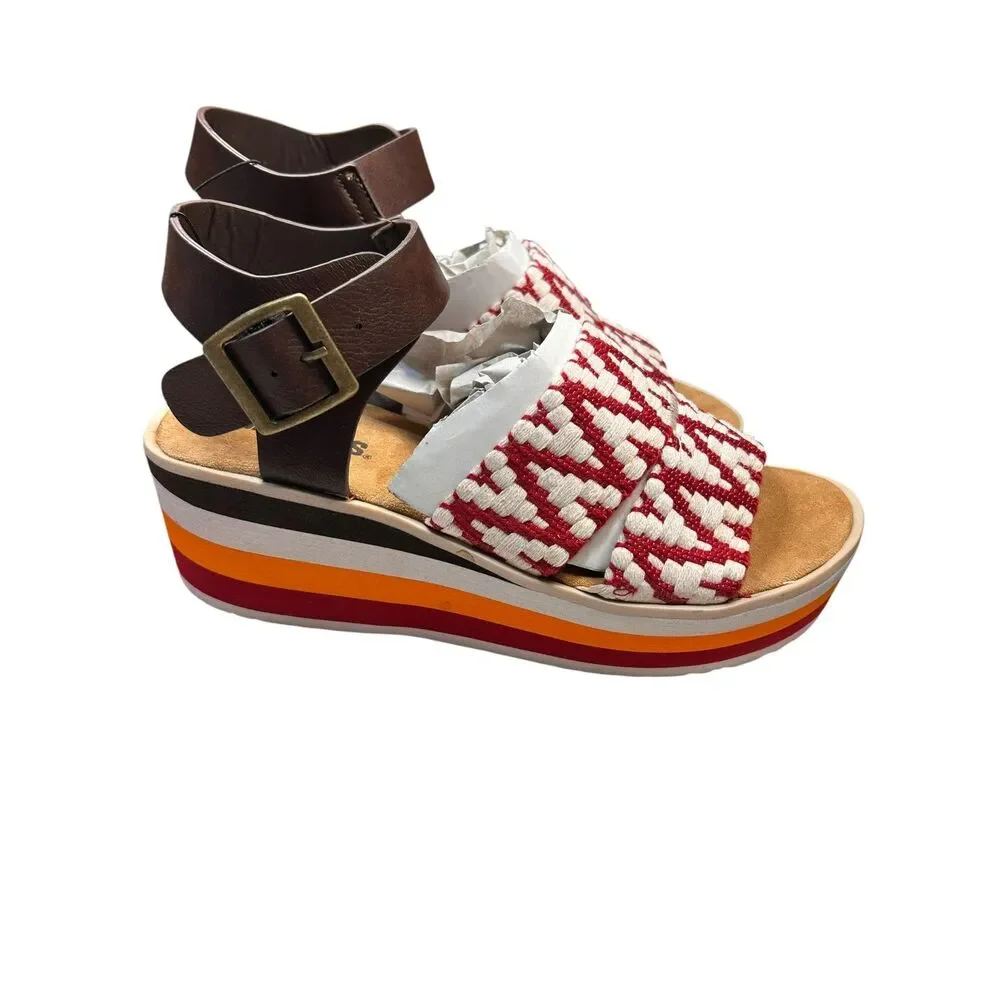 Muk Luks Red Woven Platform Wedge Sandals Size 8 Boho Retro Stripe Sole